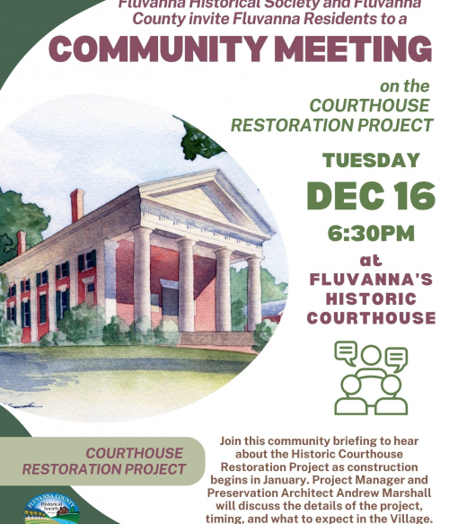 Image of Fluvanna Historic Courthouse with text providing meeting details
