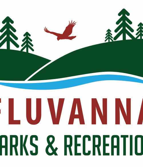 parks and recreation logo depicting a red bird flying between two tree-crested green hills