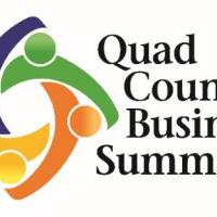 orange blue yellow and green interlocking figures beside the text quad county business summit
