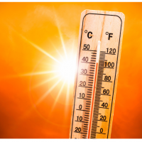 a thermometer registering a high temperature is shown against an orange background