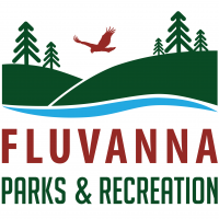 parks and recreation logo depicting a red bird flying between two tree-crested green hills