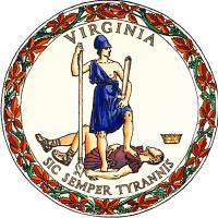 This image shows a flag, a coat of arms, a seal or some other official insignia for the Commonwealth of Virginia.