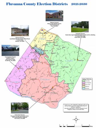 a map of Fluvanna County with voting district information