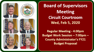 photo of five board of supervisors members and text with meeting times