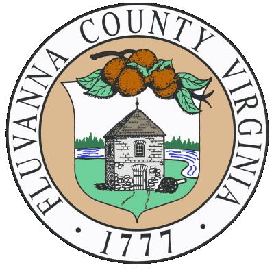 circular seal fluvanna county around edges with image of small stone house in middle of circle, persimmon fruit at top of circle