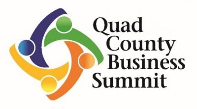 orange blue yellow and green interlocking figures beside the text quad county business summit