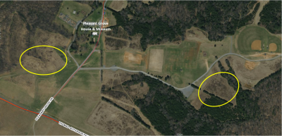 an aerial view of parkland meadows with yellow circles to denote planned areas to be burned