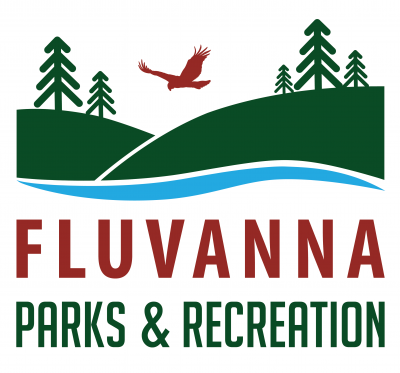 parks and recreation logo depicting a red bird flying between two tree-crested green hills