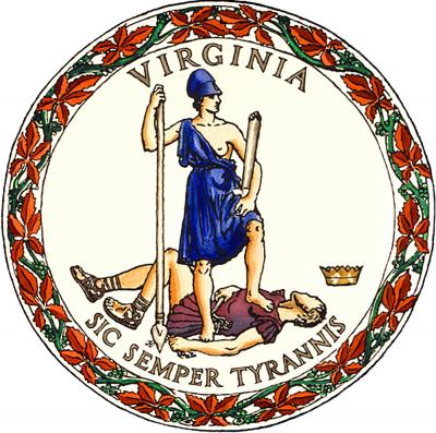 This image shows a flag, a coat of arms, a seal or some other official insignia for the Commonwealth of Virginia.
