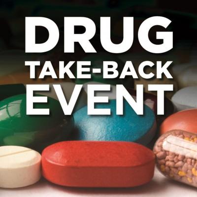 pills of various colors are seen behind the words Drug take-back event