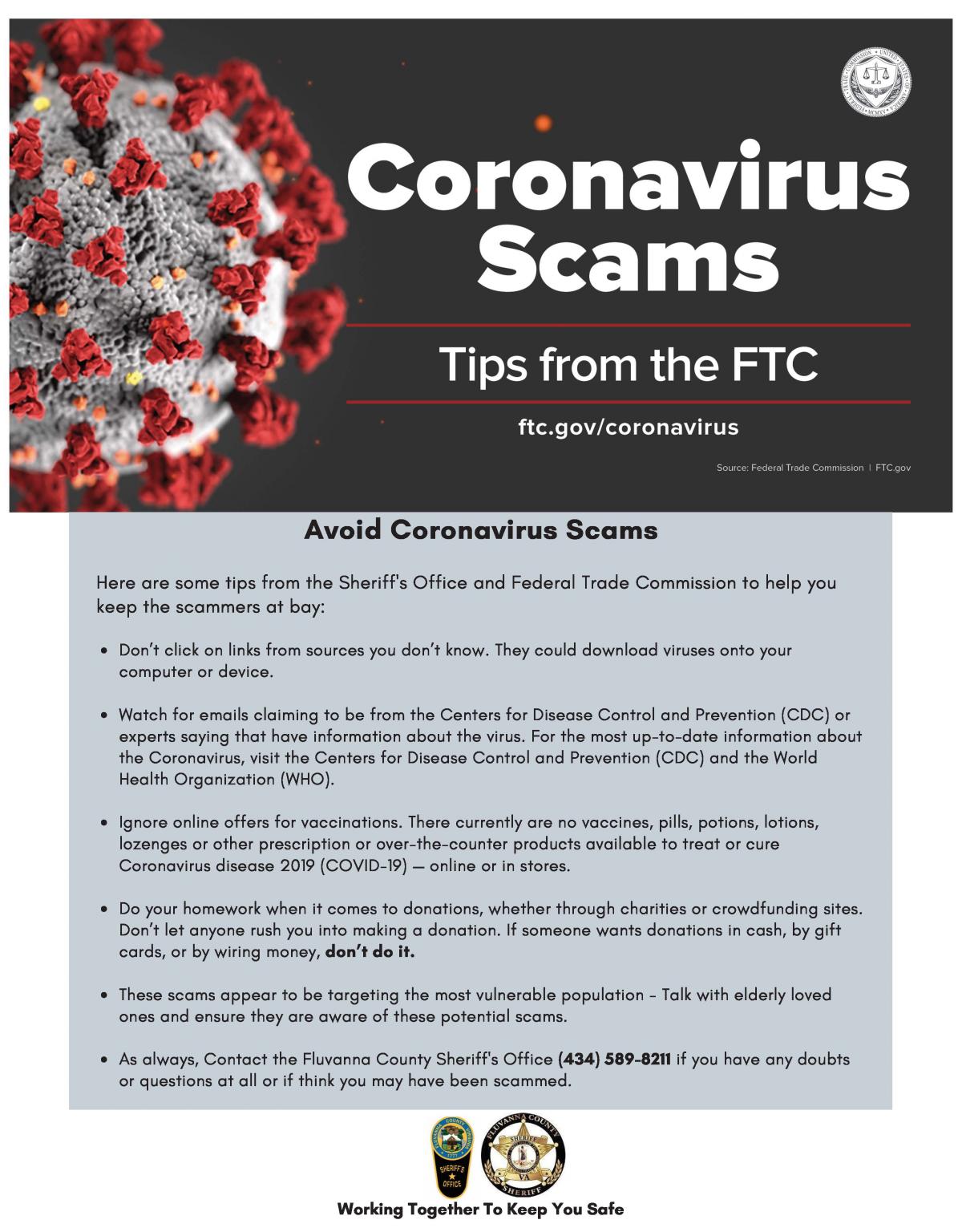 image of virus cell and text advising awareness of potential scams