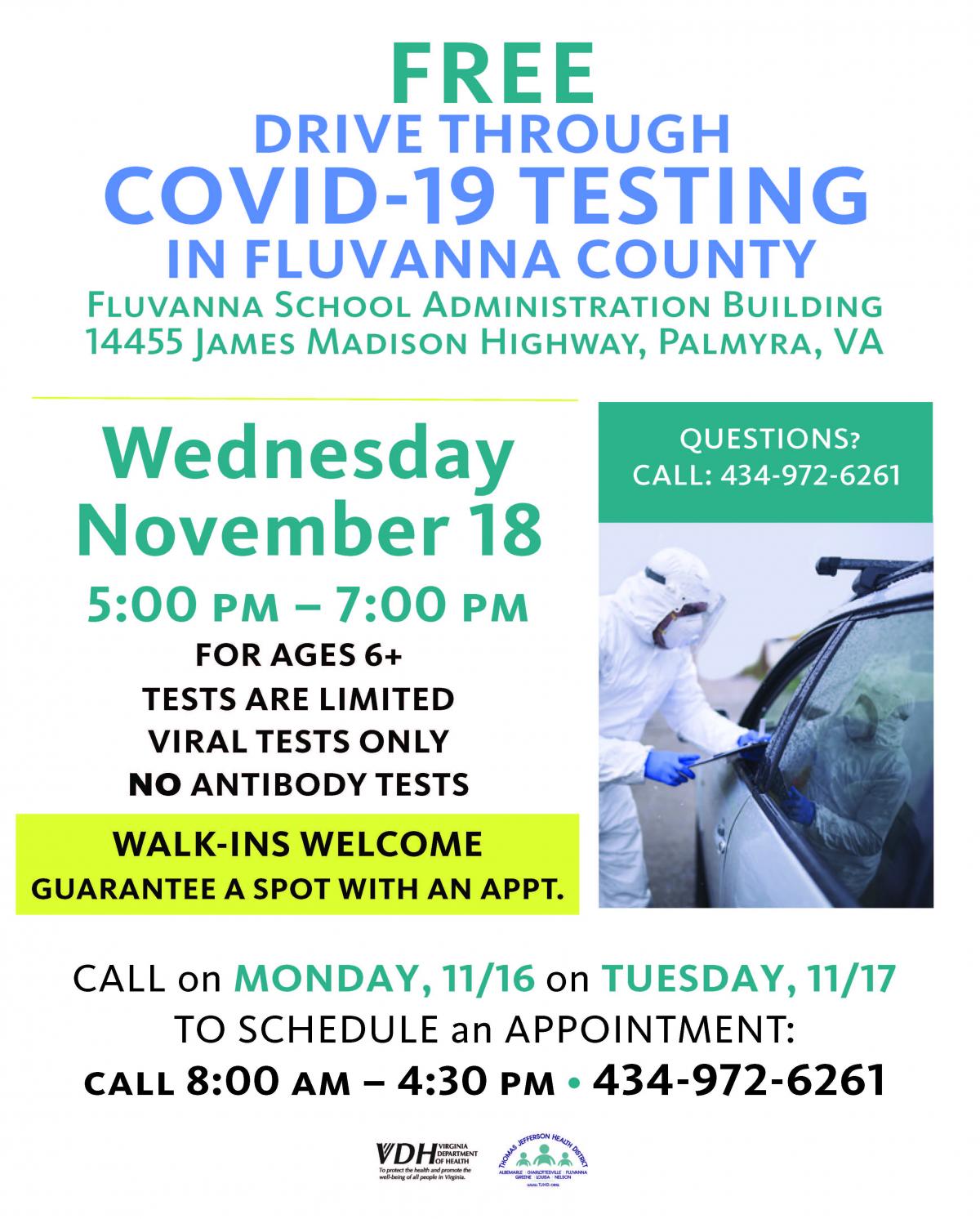 information regarding covid testing dates and locations in fluvanna county