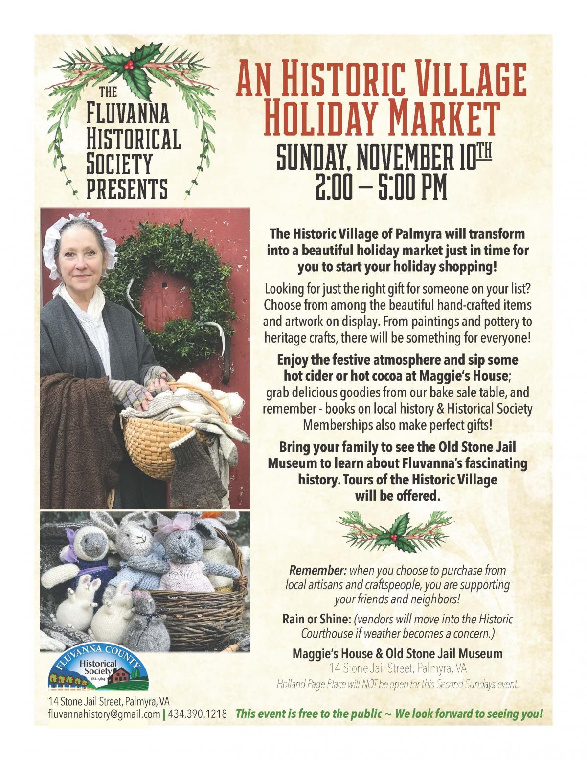 flyer showing a woman in period costume advertising holiday fair in the village of palmyra