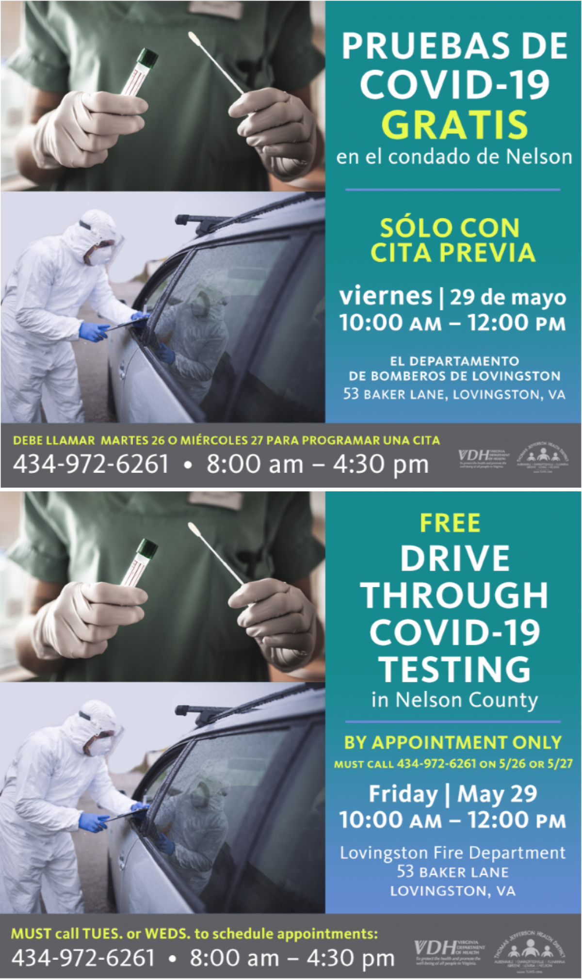 hands holding cotton swabs text providing details for testing clinic