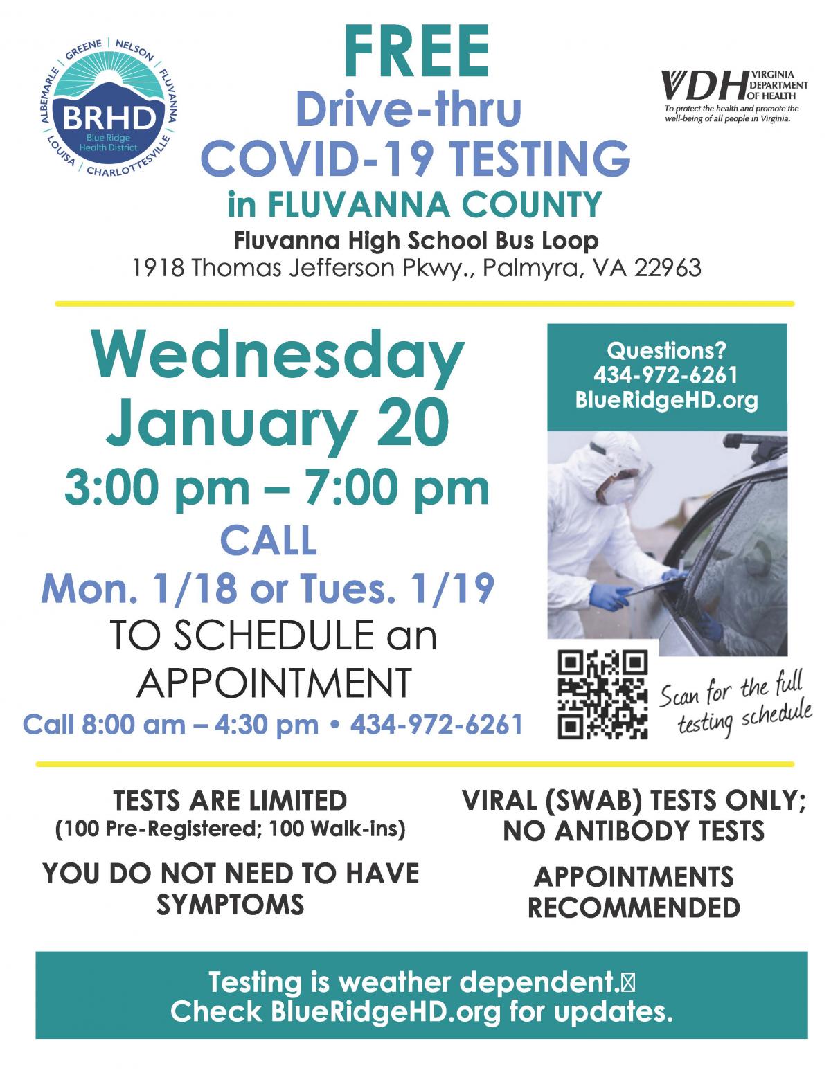 covid testing jan 20, 2020 at fluvanna county high school 