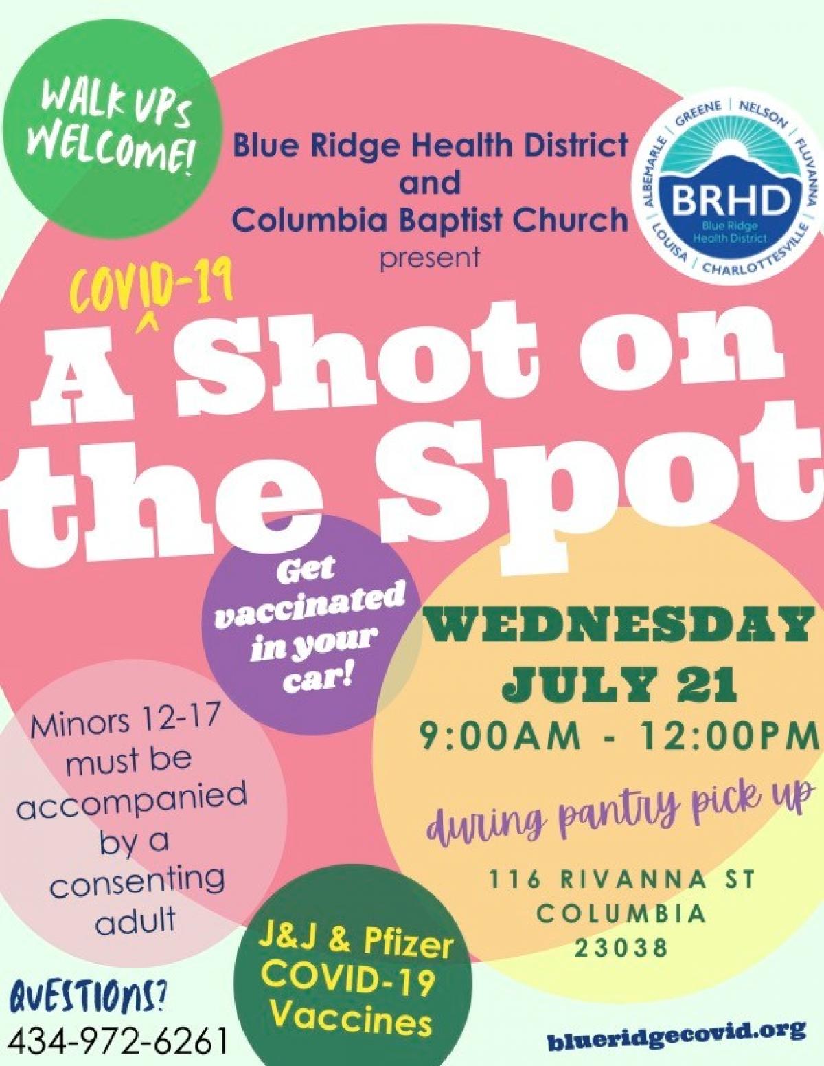 Blue Ridge Health District and Columbia Baptist Church are offering COVID-19 Vaccinations in Columbia on Wed, Jul, 21, 2021 