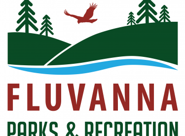 parks and recreation logo depicting a red bird flying between two tree-crested green hills
